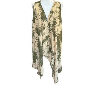 Charming Charlie Sleeveless Open Front Kimono Vest SZ Medium Green Tropical Vaca